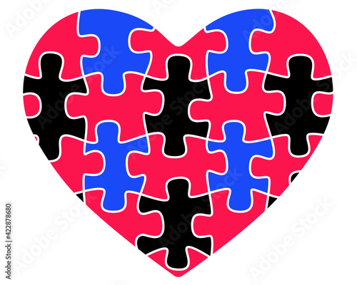 Polyamory symbol - a heart consisting of many puzzles of blue, red and black colors - vector picture. A jigsaw heart is a symbol of non-monogamous love. Polyamory is a type of polygamous relationship.