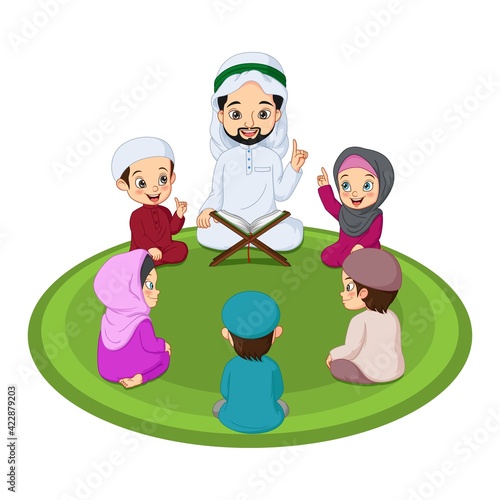 Muslim man and his students studying holy Quran