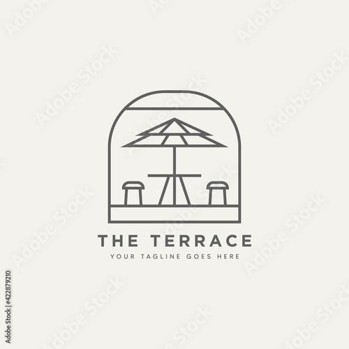 the terrace coffee minimalist line art badge logo template vector illustration design. simple modern cafe, resort, restaurant emblem logo concept 