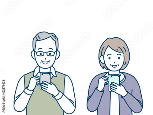 スマートフォン　操作　使う　老夫婦　シニア　高齢者　男女　電話　イラスト素材