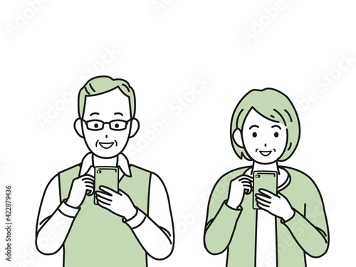 スマートフォン　操作　使う　老夫婦　シニア　高齢者　男女　電話　イラスト素材