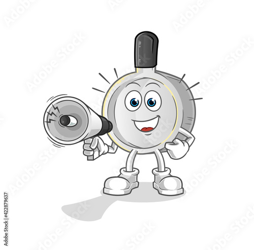 pan holding hand loudspeakers vector. cartoon character
