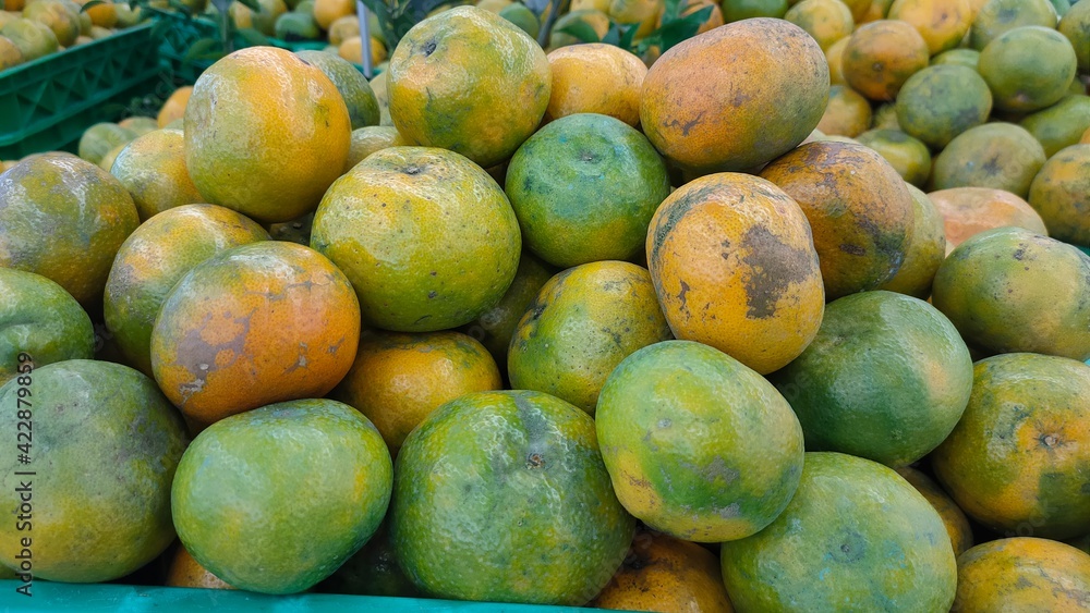 Lots of green oranges, tangerines, mandarins for sale in the market. Natural Vitamin C fruit. Organic food background.