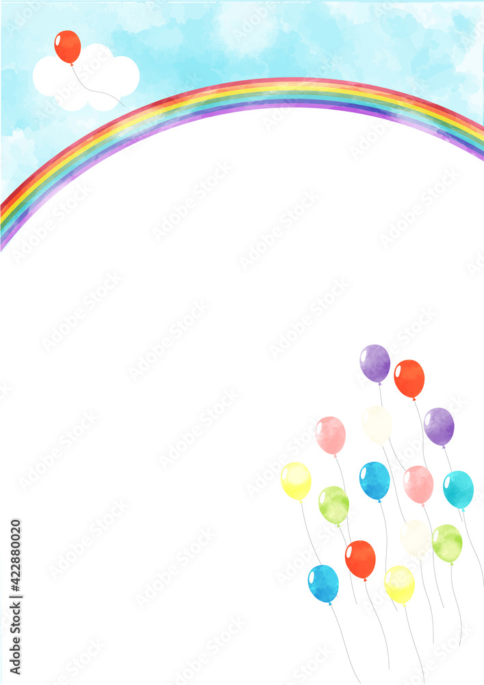 青空に飛ぶカラフルな風船と虹 フレーム 背景 水彩風 Stock Vector Adobe Stock