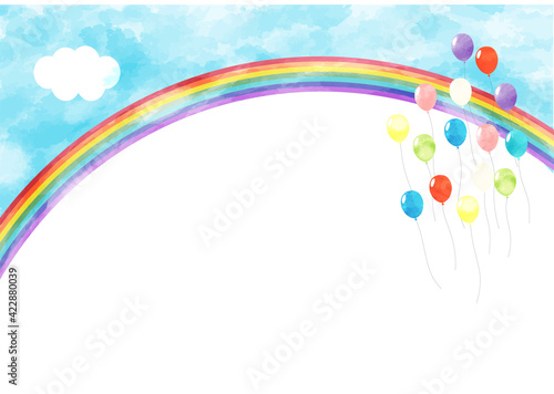 青空に飛ぶカラフルな風船と虹　横　背景　フレーム　水彩風