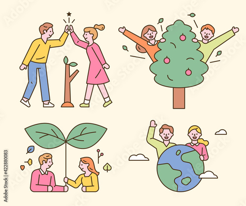 People who protect the environment and live with nature. flat design style minimal vector illustration.