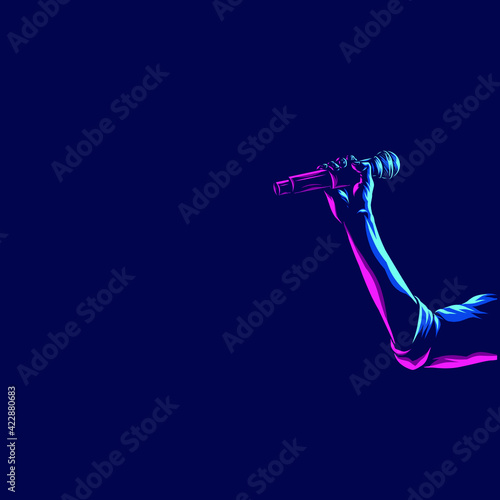 Hand hold microphone mic vector silhouette line pop art potrait logo colorful design with dark background. Abstract vector illustration.