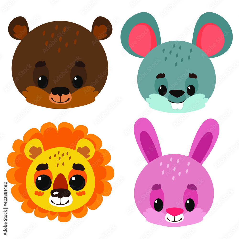Set of babies animals such as mouse, lion, bear and lion cub. Print for the room or preparation for the mask. Vector illustration in cartoon style. Set of babies animals such as mouse, lion, bear and lion cub. Print for the room or preparation for the mask. Vector illustration in cartoon style.