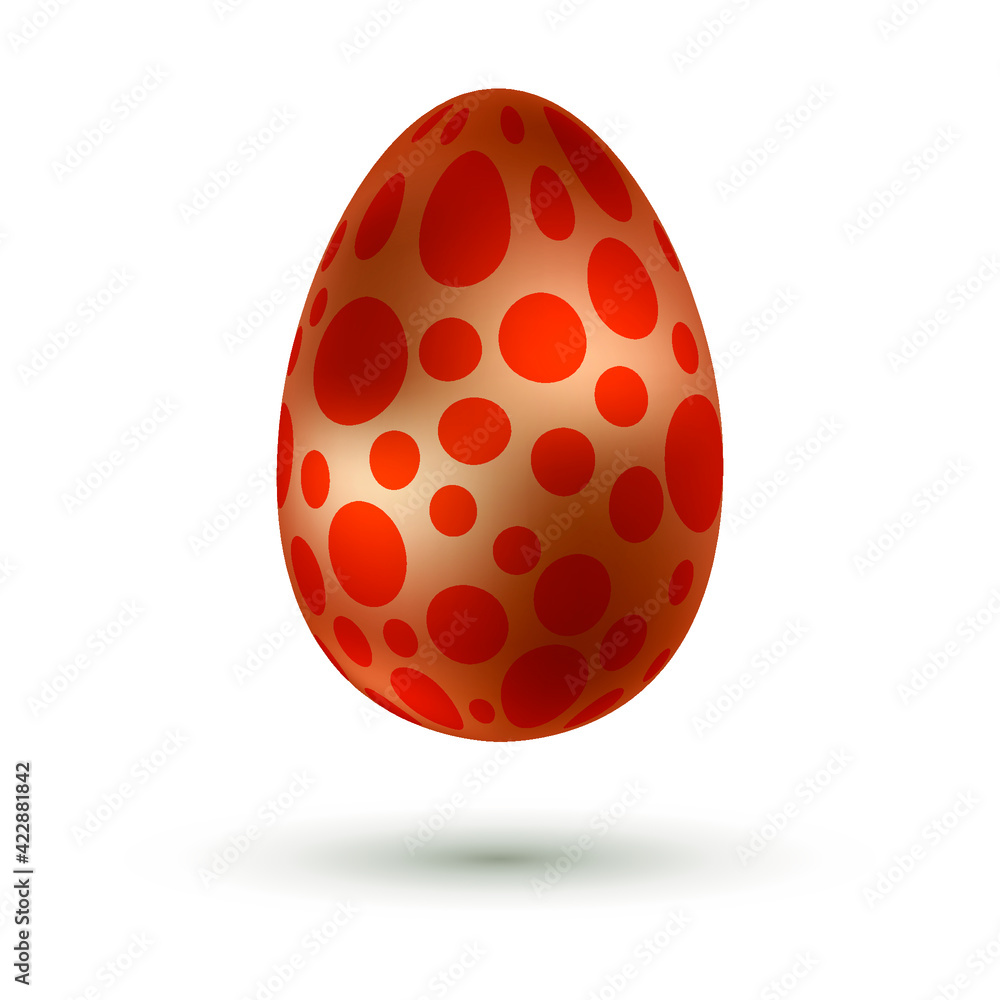 Metallic 3d golden bronze Easter egg with shiny orange polka dot pattern and shadow isolated on white background. Easter-egg hunt design. Vector illustration Metallic 3d golden bronze Easter egg with shiny orange polka dot pattern and shadow isolated on white background. Easter-egg hunt design. Vector illustration