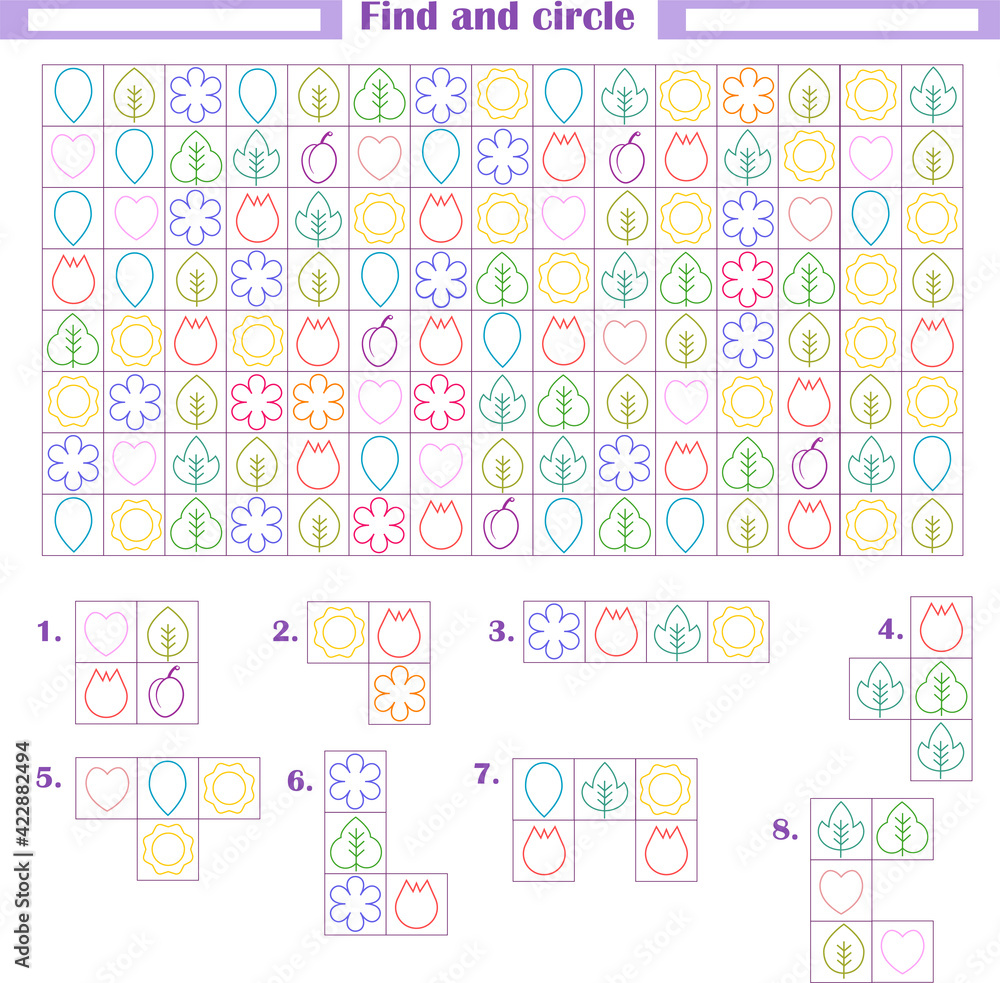 Logic game for children. Development of attention, thinking. Find and circle the fragments shown below Logic game for children. Development of attention, thinking. Find and circle the fragments shown below