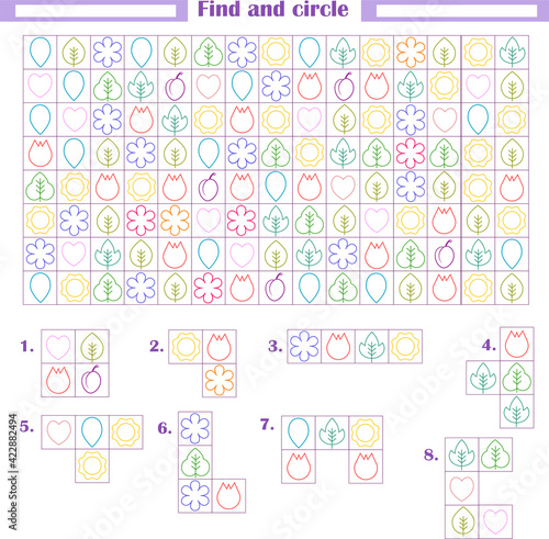  Logic game for children. Development of attention, thinking. Find and circle the fragments shown below