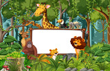 Blank banner in the rainforest scene with wild animals