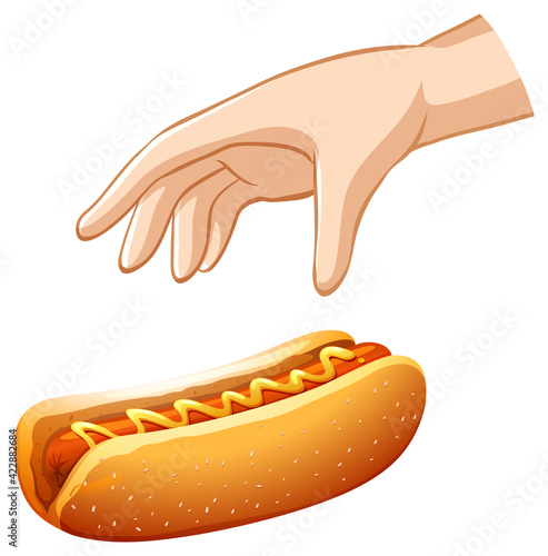 Hand trying to grab sausage sandwich on white background