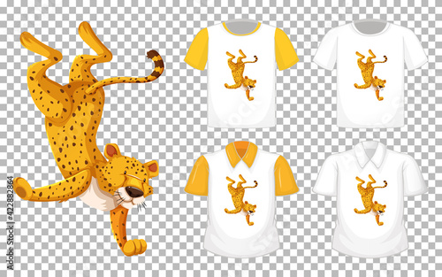 Leopard in dancing position cartoon character with many types of shirts on transparent background