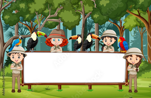 Empty banner with many children and wild animals in the forest scene