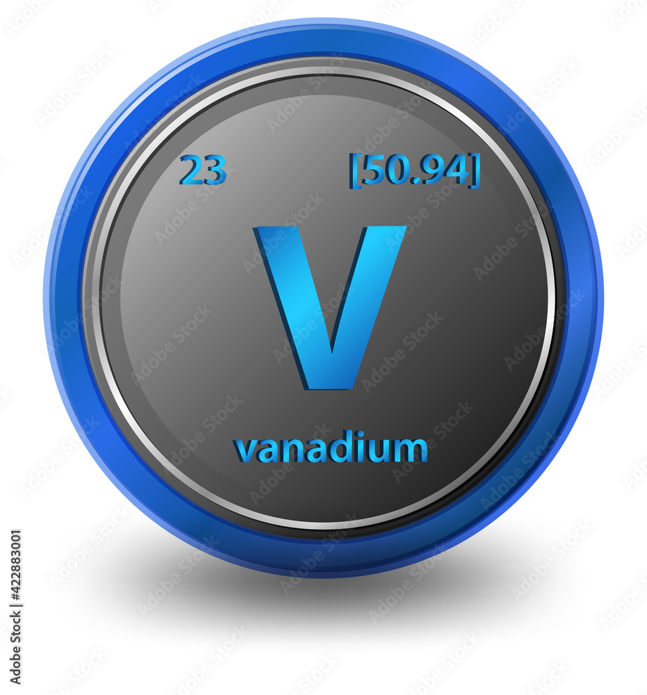 Vanadium chemical element. Chemical symbol with atomic number and atomic mass. Vanadium chemical element. Chemical symbol with atomic number and atomic mass.