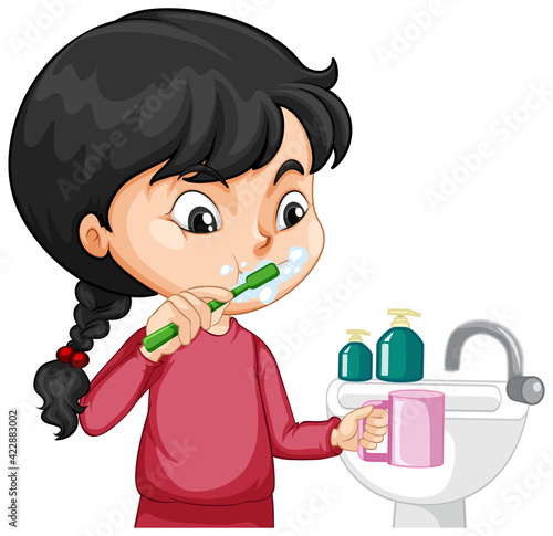 A girl cartoon character brushing teeth with water sink