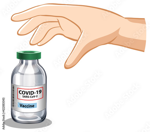 Hand trying to grab covid-19 vaccine on white background