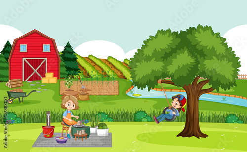Happy family in farm scene with red barn in field landscape