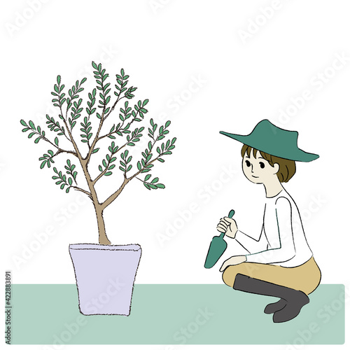 ガーデニングのイラスト　オリーブと人物