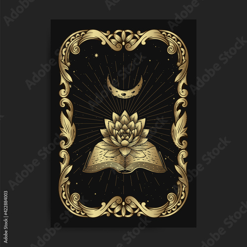 Ancient books and moon lotus with engraving, handrawn, luxury, esoteric, boho style, fit for paranormal, tarot reader, astrologer or tattoo