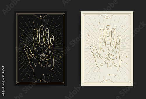 Hand with palmistry diagram with engraving, handrawn, luxury, esoteric, boho style, fit for paranormal, tarot reader, fortune teller, astrologer or tattoo