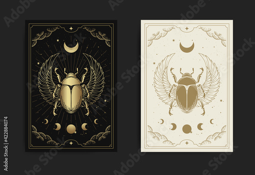 Egyptian Winged Scarab decorated with moon-phase ornament, with engraving, handrawn, luxury, esoteric, boho style, fit for paranormal, tarot reader, astrologer or tattootemplate8