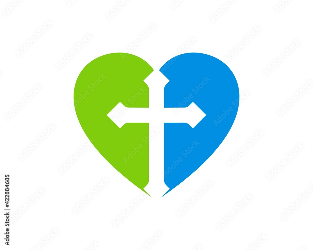 Green and blue love shape with religion cross inside Green and blue love shape with religion cross inside