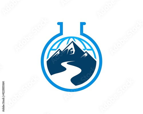 Simple bottle laboratory with abstract globe and road to mountain