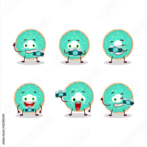 Photographer profession emoticon with vanilla blue donut cartoon character