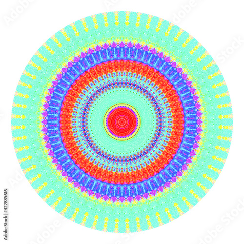 Creative multicolored points round symbol. Abstract symmetrical logo. Mosaic colorful beautiful beads. Circle dots modern pixel floral art icon. Colored pattern ornament wheel decorative illustration.
