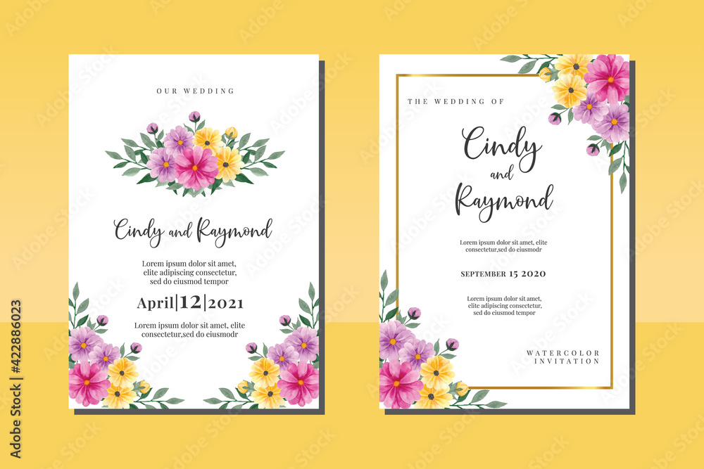 Wedding invitation frame set, floral watercolor hand drawn Daisy Flower design Invitation Card Template