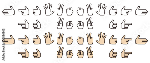 Set of various hand icons against white background  line type 