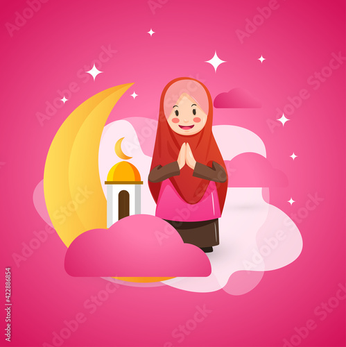 cute hijab girl greeting salam welcome ramadan