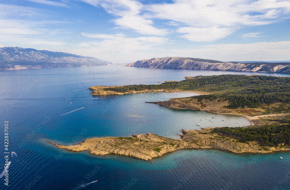 Aerial vire of stunning coast with sandy beach in the Lopar area of the Rab island by the Adriatic sea in Dalmatia, Croatia