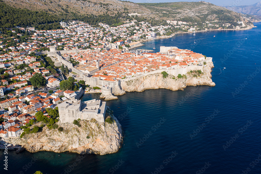 Aerial view of the .Lovrijenac fortress and the famous Dubrovnik old town by the Adriatic sea in Croatia