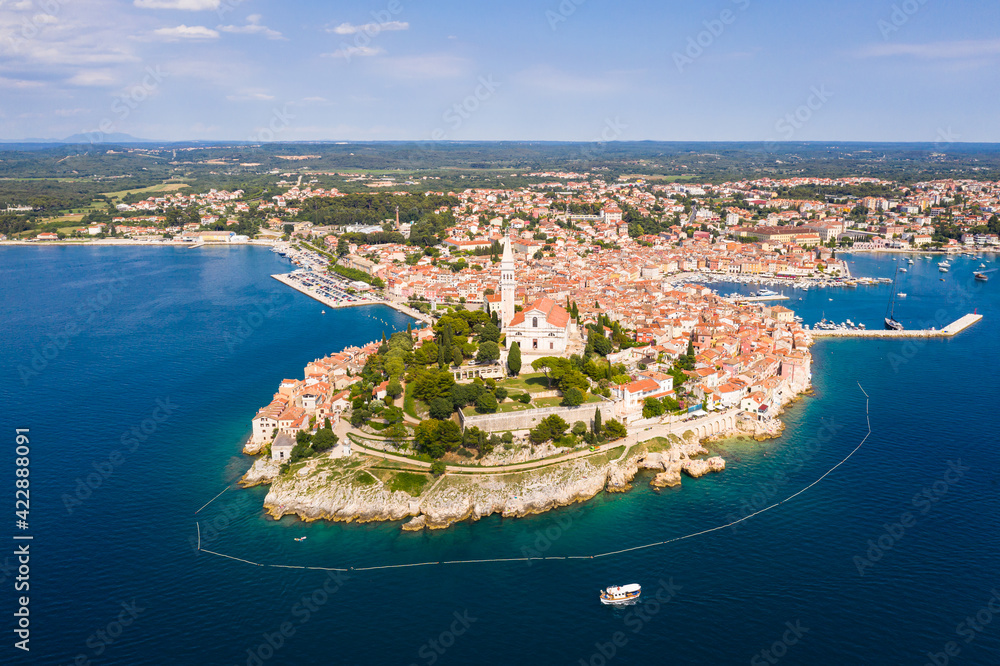 Aerial view of the stunning Rovinj old town by the Adriatic sea in Istria region of Croatia on a sunny day