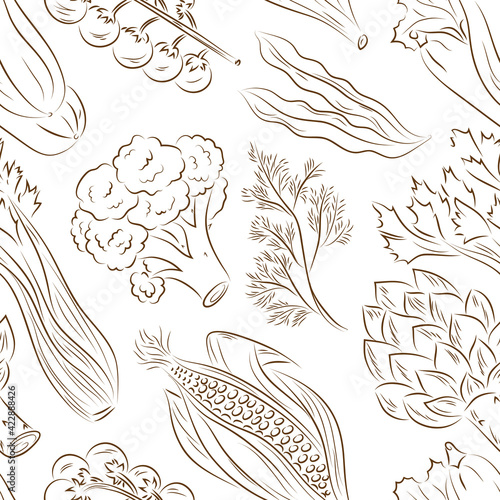 Vegetables seamless pattern. Vegetables black and white background. Zucchini, cherry tomatoes, corn, beans, celery, fennel, artichoke, cauliflower