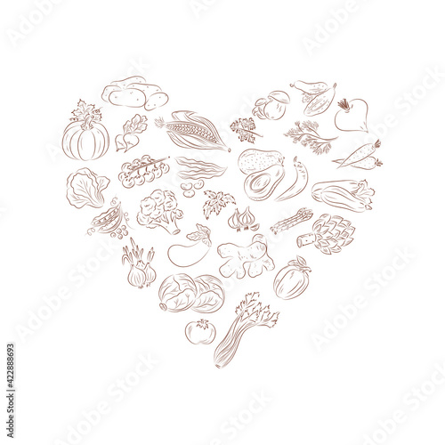 Vegetables vector set. Vegetables icons. Heart.