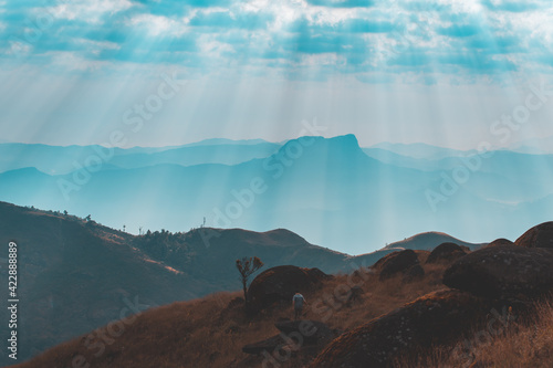 Top View Mulayit Taung golden light of the morning sun and the mist covered on Mount Mulayit,Myanmar photo