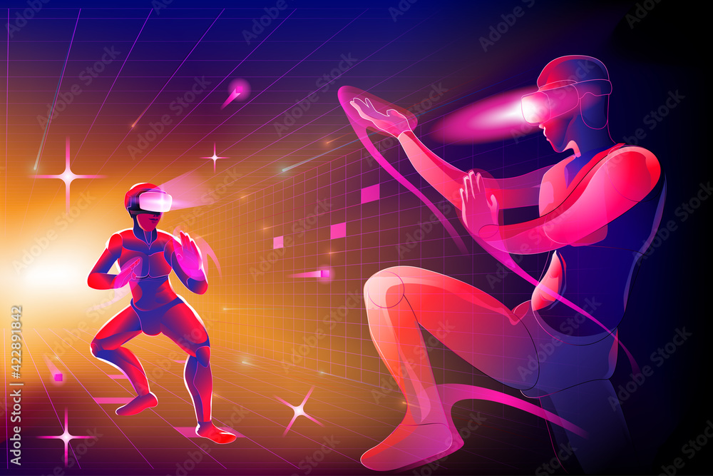 Silhouette mans wearing Virtual reality device (VR) and play hand to hand fighting combat (karate,  jujutsu, taekwondo) in the vr world, imagination to versus in digital world, vector illustration.