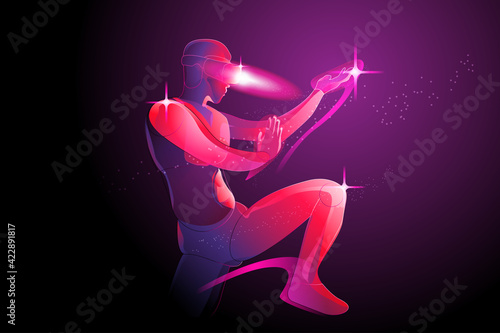 The man posing prepare to fight, by wearing virtual reality machine (VR), imagination to fight someone in digital world, tai chi, kung fu, karate, taekwondo, jujutsu, vector illustration in violet.