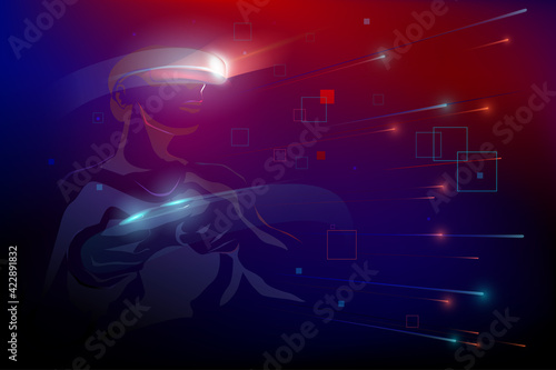 Man wearing Virtual reality device (VR) playing game,  move motion in abstract digital 3d world, vector illustration