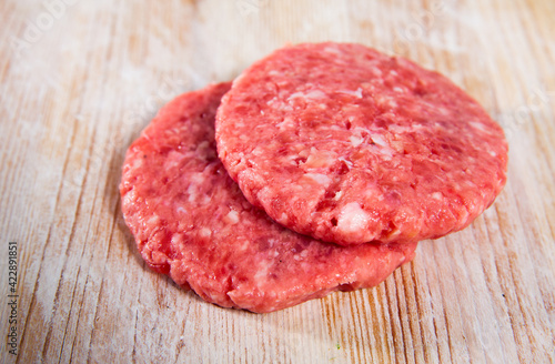 Preparation of homemade burgers, minced beef patties on wooden table