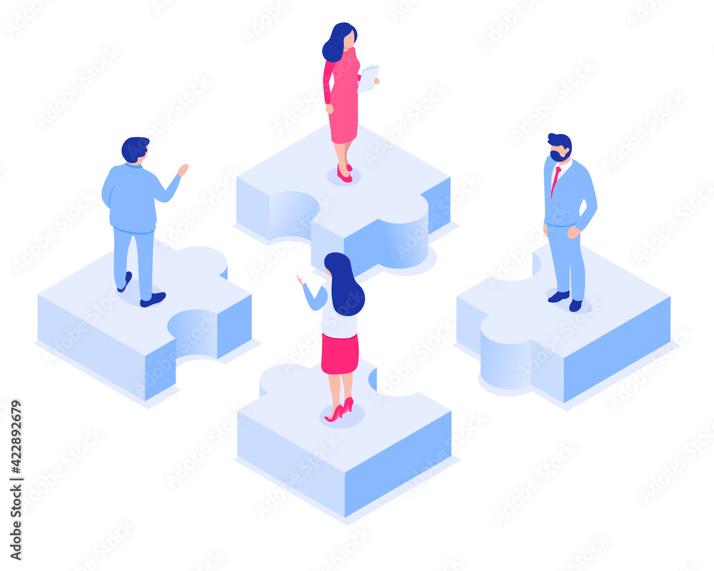 Team work concept. Group of people stand on a puzzle pieces. Vector illustration in isometric style. Isolated on white background Team work concept. Group of people stand on a puzzle pieces. Vector illustration in isometric style. Isolated on white background