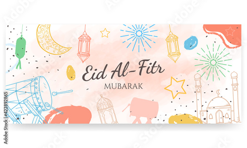 Eid Al Fitr mubarak, hand painted in pastel colors. doodle style. Horizontal poster, greeting card, header for website