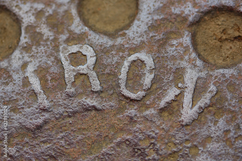 A partial view of a rusted manhole cover with the embossed word "iron" 