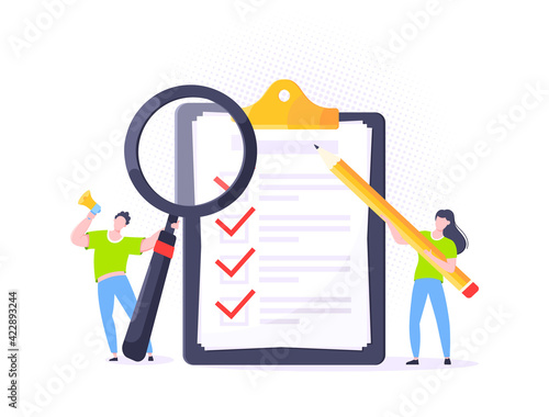 Checklist complete business concept tiny people with pencil, magnifying glass nearby giant clipboard.