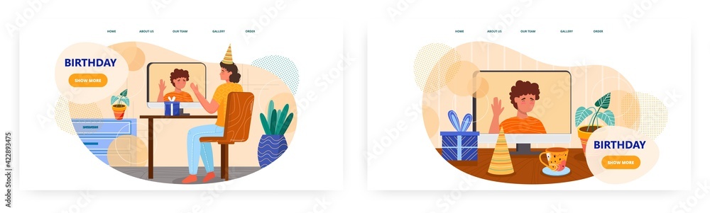 Birthday landing page design, website banner vector template set. Birthday video call, online party celebration. Birthday landing page design, website banner vector template set. Birthday video call, online party celebration.