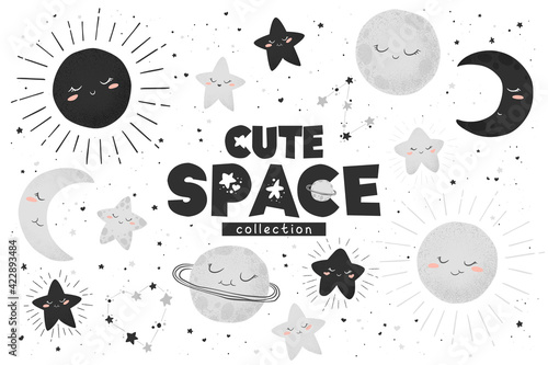 Vector illustration with cute hand drawn cartoon space objects collection sun, moon, planets and stars isolated on white background. Design for card, print, baby room decoration